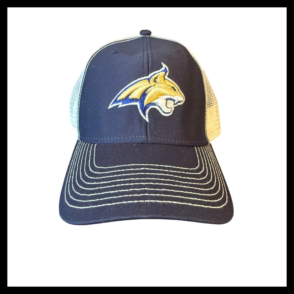 NWT Ouray Sportswear Navy Mesh Back Trucker Hat Golden Bobcat Logo Adjustable